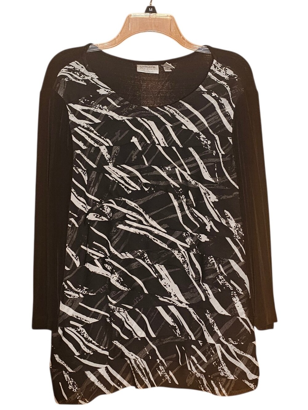 Chico’s Travelers Layered Tunic Top Women’s Size 3 Black White Print Stretch